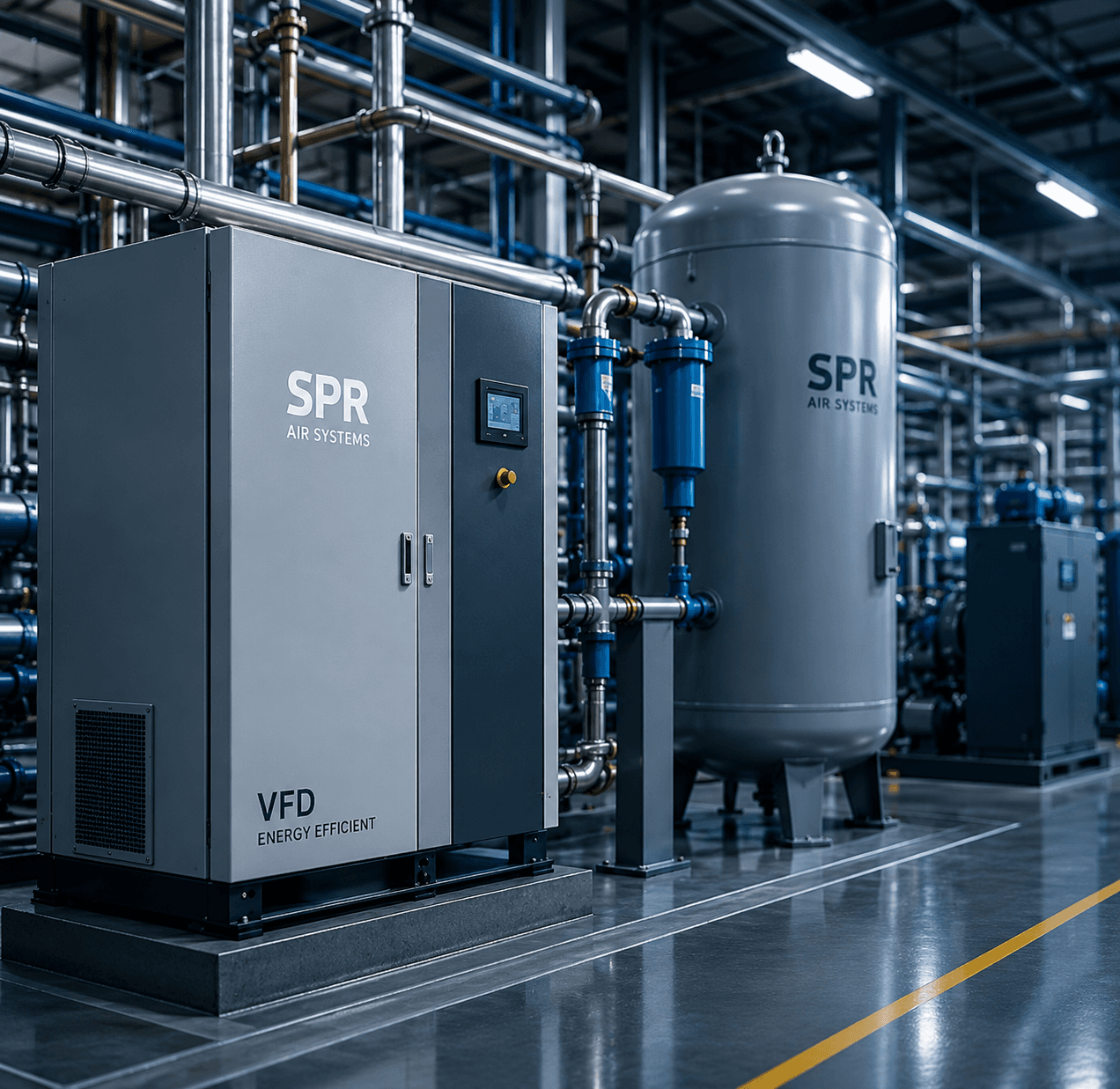 SPR Air Systems VFD compressor and air receiver in an industrial facility